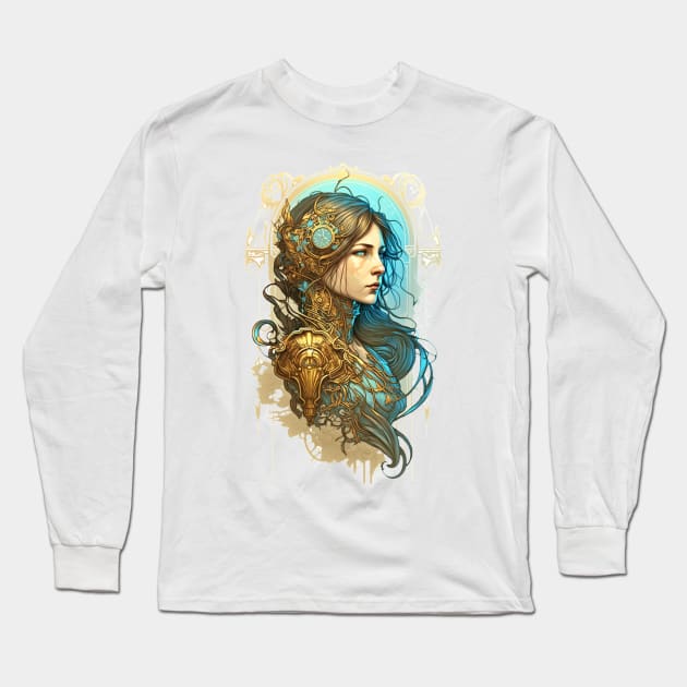 Steampunk Golden Woman - A fusion of old and new technology Long Sleeve T-Shirt by SMCLN